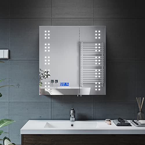 ELEGANT Beleuchteter Badezimmer-Spiegelschrank mit Bluetooth-Lautsprecher, Edelstahl, 2 Türen, 630 x 650 mm, Rasiersteckdose, Badezimmer-Wandschränke mit dimmbarer Helligkeit und Demister-Pad von ELEGANT
