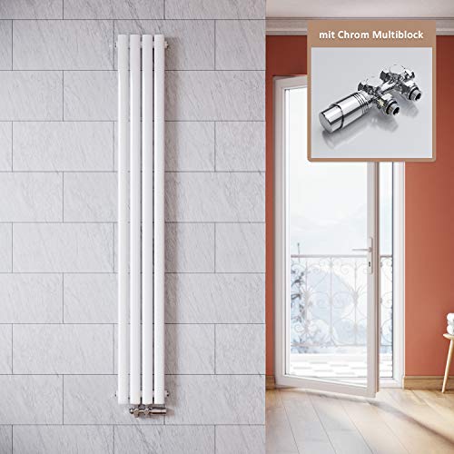 ELEGANT Vertikal Heizkörper Design Weiß 1600x236mm mit Multiblock Chrom Thermostat Röhrenheizkörper Einlagig Badheizkörper Mittelanschluss von ELEGANT