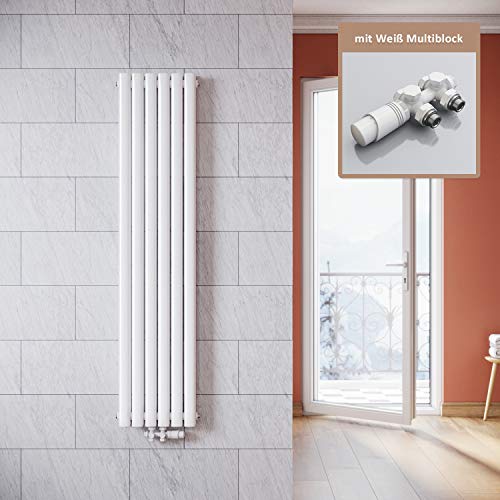 ELEGANT Vertikal Heizkörper Design Weiß 1600x354mm mit Multiblock Weiß Thermostat Röhrenheizkörper Doppellagig Badheizkörper Mittelanschluss von ELEGANT