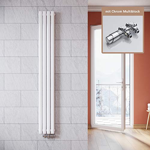 ELEGANT Vertikal Heizkörper Design Weiß 1800x236mm mit Multiblock Chrom Thermostat Röhrenheizkörper Doppellagig Badheizkörper Mittelanschluss von ELEGANT