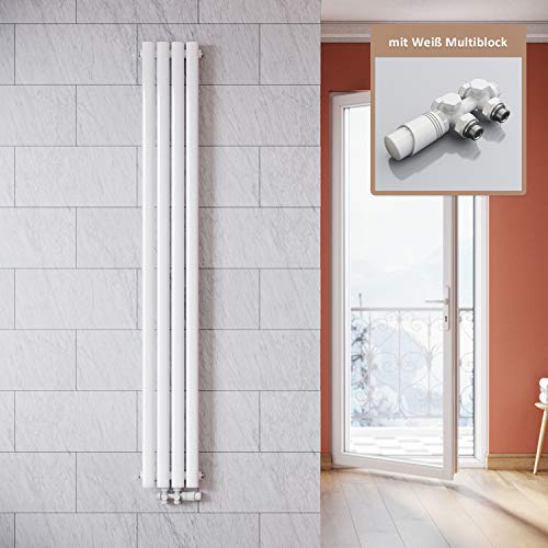 ELEGANT Vertikal Heizkörper Design Weiß 1800x236mm mit Multiblock Weiß Thermostat Röhrenheizkörper Einlagig Badheizkörper Mittelanschluss von ELEGANT