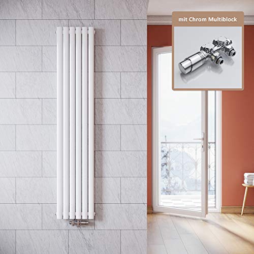 ELEGANT Vertikal Heizkörper Design Weiß 1800x354mm mit Multiblock Chrom Thermostat Röhrenheizkörper Doppellagig Badheizkörper Mittelanschluss von ELEGANT