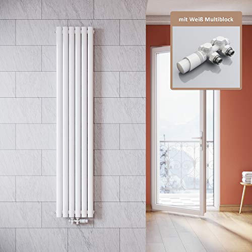 ELEGANT Vertikal Heizkörper Design Weiß 1800x354mm mit Multiblock Weiß Thermostat Röhrenheizkörper Doppellagig Badheizkörper Mittelanschluss von ELEGANT