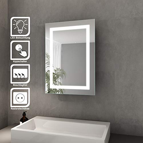 ELEGANT Bad Spiegelschrank mit Beleuchtung Schiebetür LED Licht Badezimmer Spiegelschrank Bad Hängeschrank mit Steckdose und Kippschalter 50 x 70 cm von ELEGANT