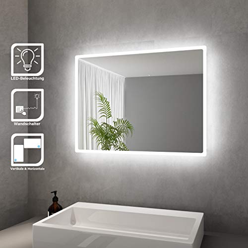 ELEGANT Badspiegel mit LED-Beleuchtung Energiesparend LED Badezimmerspiegel 80 x 60 cm kaltweiß IP44 Badezimmer Wandspiegel Bad Spiegel von ELEGANT