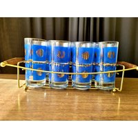 Mcm Bar Caddy 8 Culver Highball 24K Gold Und Navy Cocktail Gläser Mit Rechteck Teak von ElegantBuyDesigns
