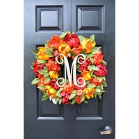 Monogramm Kranz Pfingstrose, Herbstfarben Für Haustür, Herbst Dekor, Herbstfarben, Designer Kranz, Hochzeitskranz Im von ElegantWreath