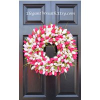 Rosa Tulpe Bauernhaus Kranz - Frühlingskranz Muttertagskranz Geschenk Für Mama Muttertagsgeschenk Shabby Chic Deko Haustürkranz von ElegantWreath