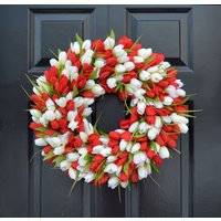 Valentinstagskranz Mit Tulpen Frühlingskranz - Tulpe Valentinstagskranz - Rot Und Weiß von ElegantWreath