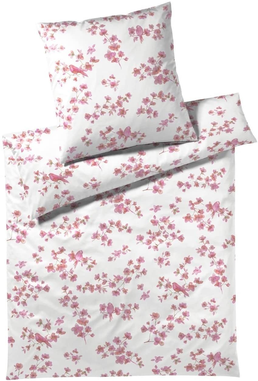 Elegante Mako Honeymoon Jersey Bettwäsche 135x200 Blumen Vögel rosa 3500-1 von Elegante