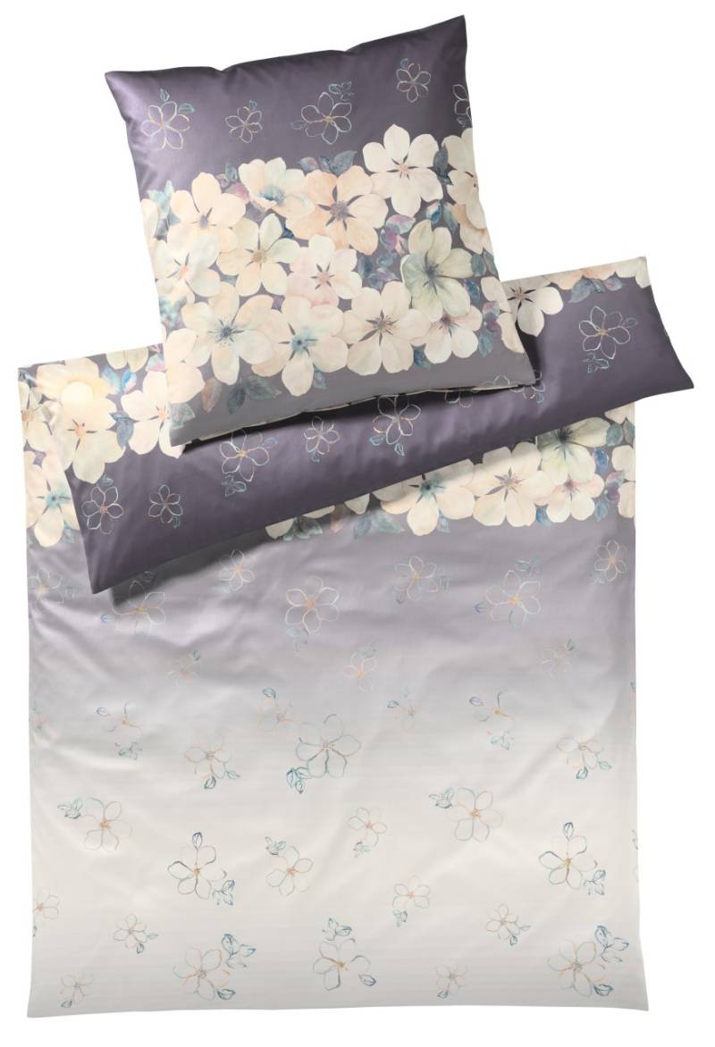 Elegante Mako-Satin Bettwäsche 135x200 cm Blumen grau-braun Natur 2251-7 von Elegante