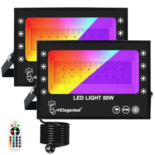 Eleganted 50W RGB LED Strahler + UV Schwarzlicht Strahler 2-in-1 Flutlicht,IP66 Wasserdicht Farben Außenstrahler Schwarzlichtlampe für Halloween Fluoreszierende GLOW Neon Garten Party,2pc von Eleganted