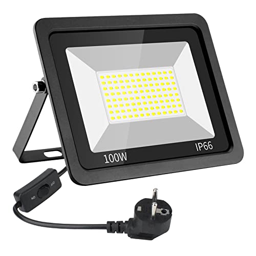 Eleganted LED Strahler Außen 100W,Superhell 10000LM LED Fluter Flutlicht mit Stecker 6500K Kaltweiß Baustrahler Scheiwerfer IP66 Wasserfest Aussenstrahler für Hof Garten Garage Sportplatz von Eleganted