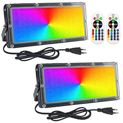 Eleganted RGB Fluter Strahler 50W, 2pcs Dimmbar Außenstrahler IP65 Wasserdicht Scheinwerfer mit Fernbedienung,16 Farben 4 Modi Flutlicht für Außen Innen Wegbeleuchtung von Eleganted