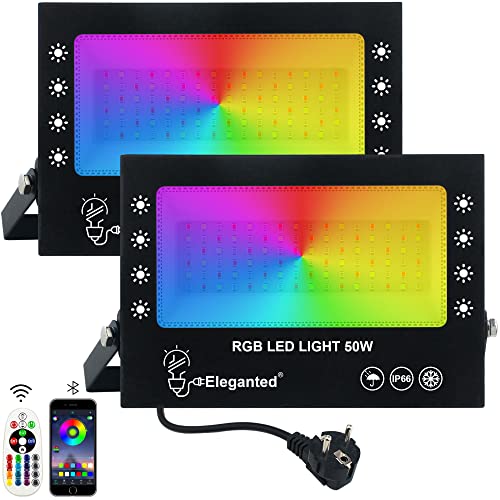 Eleganted RGB LED Strahler 50W,2er RGBW-Farbwechsel Flutlicht mit Fernbedienung & App Steuerung,IP66 Wasserdicht Außenstrahler Bunt Fluter Dimmbar für Garten Party Baum Stimmungslicht von Eleganted