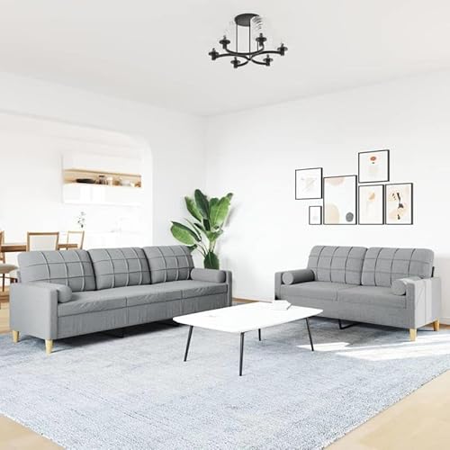 2-TLG. Sofagarnitur für Wohnzimmer mit Dekokissen - Hellgrauer Stoff, Bequem & Langlebig, Platzsparend für Kleine Räume von Eleganz