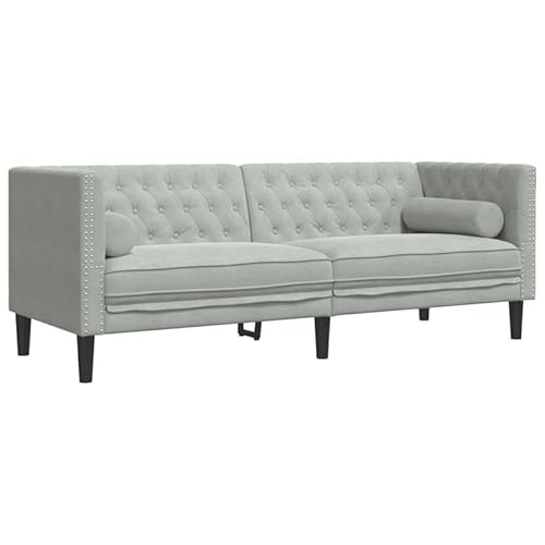 Chesterfield-Sofa 3-Sitzer Futon mit Nackenrollen - Hellgrauer Samtbezug (100% Polyester) - Sperrholz & Massivholz - Gemütliches Wohnzimmer Möbel von Eleganz