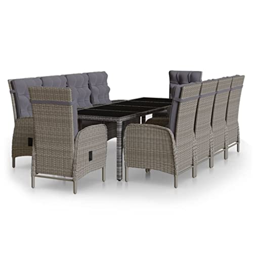 Eleganz 11-TLG. Garten-Essgruppe aus Poly Rattan Grau - Langlebiges Outdoor-Set mit pulverbeschichtetem Stahl und Hartglas - Perfekt für Terrasse und Garten von Eleganz