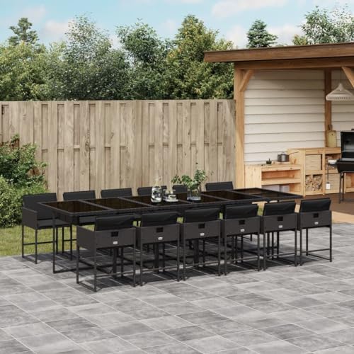 Eleganz 13-TLG. Garten-Essgruppe mit Kissen Schwarz PE-Rattan, pulverbeschichteter Stahl & Hartglas - Langlebiges Outdoor-Set für Terrasse & Garten von Eleganz
