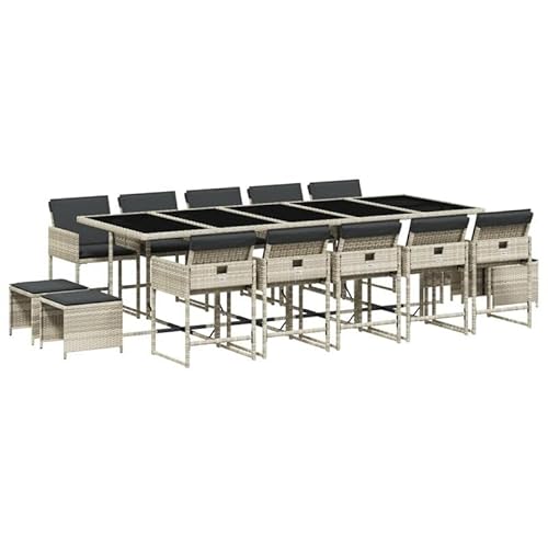 Eleganz 15-TLG. Garten-Essgruppe mit Kissen Hellgrau - PE-Rattan, Pulverbeschichteter Stahl & Hartglas - Langlebig & Wetterfest - Perfekt für Terrasse & Garten von Eleganz