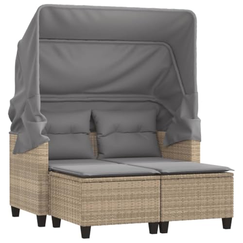 Eleganz 2-Sitzer Gartensofa mit Dach und Hockern in Beige, PE-Rattan & pulverbeschichteter Stahl – Langlebig & Wetterfest für Terrasse und Garten von Eleganz