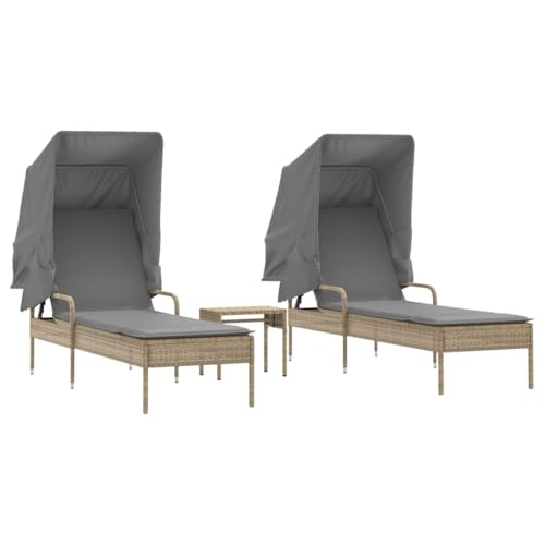 Eleganz 2er-Set Sonnenliegen mit Dach und Tisch aus PE-Rattan & pulverbeschichtetem Stahl - Beige Gartenbetten für Terrasse & Garten von Eleganz