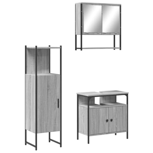 Eleganz 3-TLG. Badmöbel-Set Grau Sonoma - Modernes Badezimmermöbel-Set aus Holzwerkstoff, pulverbeschichtetem Stahl & Glas - Platzsparend & Langlebig von Eleganz