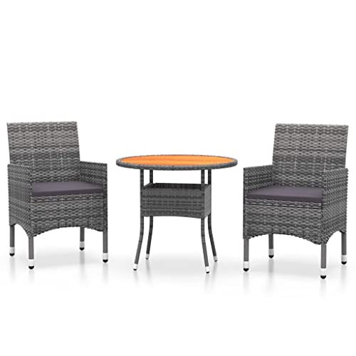 Eleganz 3-TLG. Garten-Essgruppe aus Poly Rattan Grau - Langlebiges Outdoor-Set mit pulverbeschichtetem Stahl & massivem Akazienholz - Perfekt für Terrasse & Garten von Eleganz