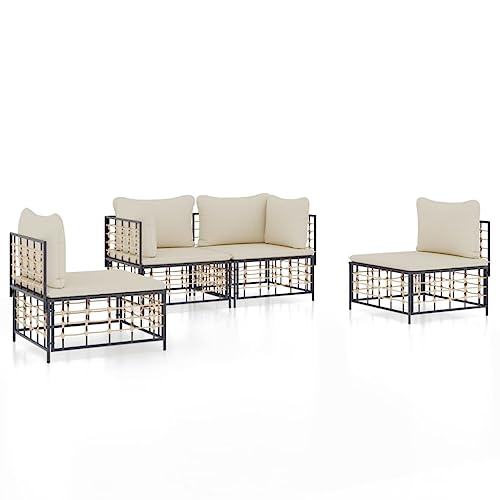 Eleganz 4-TLG. Garten-Lounge-Set mit Kissen Anthrazit - Poly Rattan, Pulverbeschichteter Stahl & Textilene - Modernes Gartensitzmöbel für Terrasse & Garten von Eleganz