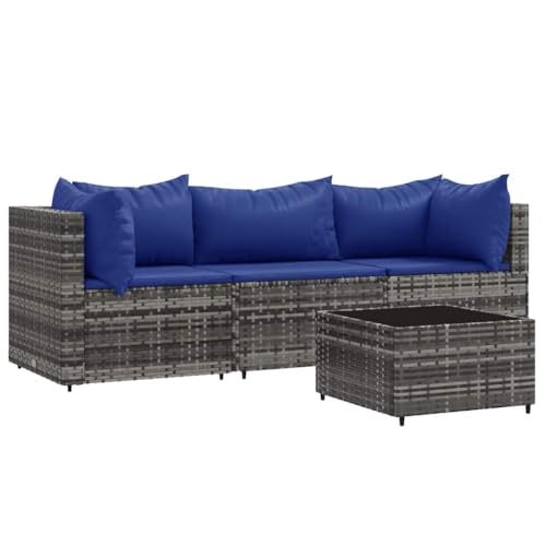 Eleganz 4-TLG. Garten-Lounge-Set mit Kissen - Graues PE-Rattan, Pulverbeschichteter Stahl, 100% Polyester Stoff & Hartglas - Perfekt für Terrasse oder Garten von Eleganz