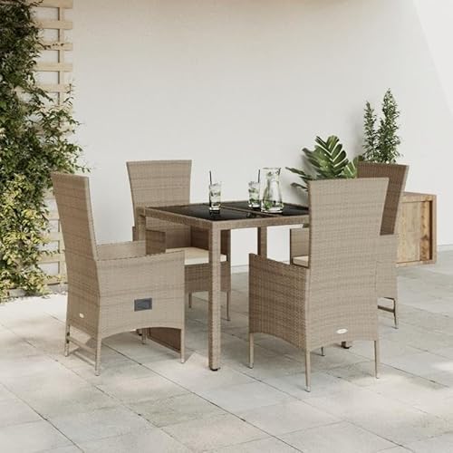 Eleganz 5-TLG. Garten-Essgruppe mit Kissen Beige - PE Rattan, pulverbeschichteter Stahl, Hartglas - Langlebig & Stilvoll für Terrasse & Garten von Eleganz