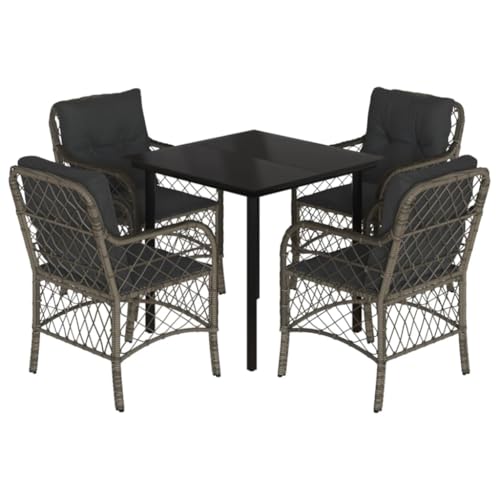 Eleganz 5-TLG. Garten-Essgruppe mit Kissen Grau Poly Rattan - Langlebiges Outdoor-Set mit pulverbeschichtetem Stahl und gehärtetem Glas - Perfekt für Terrasse und Garten von Eleganz