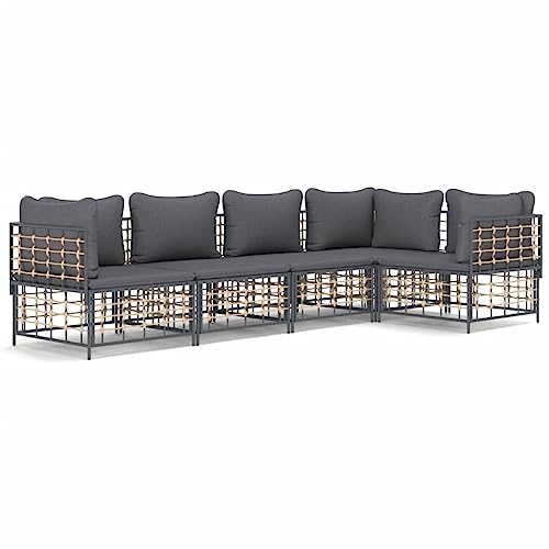 Eleganz 5-TLG. Garten-Lounge-Set mit Kissen Anthrazit – Modernes Poly Rattan-Set mit pulverbeschichtetem Stahl & Textilene – Perfekt für Terrasse & Garten von Eleganz