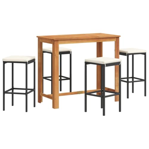 Eleganz 5-TLG. Gartenbar-Set Schwarz aus Akazien-Massivholz und Poly Rattan - Langlebiges und pflegeleichtes Gartenmöbel-Set für Terrasse und Garten von Eleganz