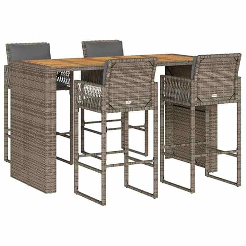 Eleganz 5-TLG. Gartenbar-Set mit Kissen Grau - PE-Rattan, pulverbeschichteter Stahl & massives Akazienholz mit Ölfinish - Langlebig & stilvoll für Terrasse & Garten von Eleganz