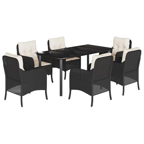 Eleganz 7-TLG. Garten-Essgruppe Schwarz PE-Rattan mit Kissen, Pulverbeschichteter Stahl & Hartglas - Langlebig & Stilvoll für Terrasse & Garten Eleganz 7-TLG. Garten-Essgruppe Schwarz PE-Rattan mit Kissen, Pulverbeschichteter Stahl & Hartglas - Langlebig & Stilvoll für Terrasse & Garten von Eleganz
