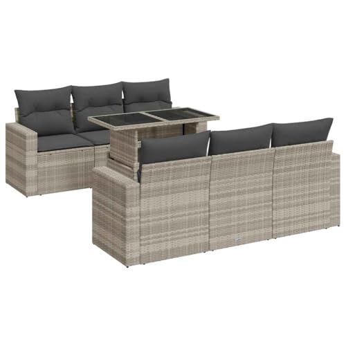 Eleganz 7-TLG. Garten-Sofa Garnitur mit Kissen - Hellgraue Poly Rattan Möbel für Terrasse und Balkon - Wetterfest & Bequem - Moderne Outdoor Sitzgruppe von Eleganz