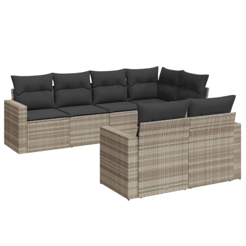 Eleganz 7-TLG. Garten-Sofagarnitur aus Poly Rattan in Hellgrau mit Kissen – Wetterfeste Outdoor-Möbel für Terrasse & Balkon – Bequeme Sitzgruppe für Gartenfreunde von Eleganz