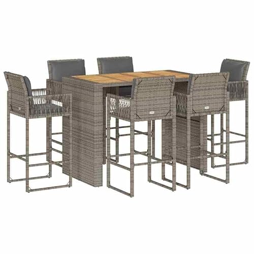 Eleganz 7-TLG. Gartenbar-Set mit Kissen Grau - PE-Rattan, pulverbeschichteter Stahl & massives Akazienholz mit Ölfinish - Langlebig & stilvoll für Terrasse & Garten von Eleganz