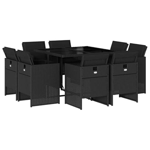 Eleganz 9-TLG. Garten-Essgruppe mit Kissen Schwarz PE-Rattan & Stahl - Langlebiges Outdoor-Set mit Hartglas für Terrasse & Garten von Eleganz