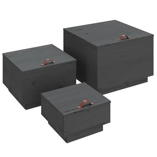 Eleganz Aufbewahrungsboxen mit Deckeln aus Massivholz Kiefer - 3-teilig Grau | Stilvolle Wohnzimmer Aufbewahrung für Ordnung & Style | Natürliches Holz für Langlebigkeit & Nachhaltigkeit von Eleganz