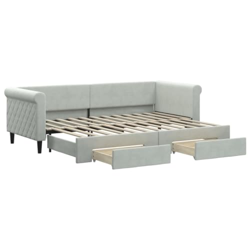 Eleganz Ausziehbares Tagesbett mit Schubladen 80x200 cm Hellgrau Samt - Platzsparendes Gästebett für kleine Räume, Stauraum Lösung für mehr Ordnung von Eleganz
