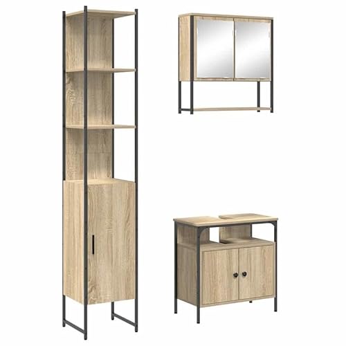 Eleganz Badezimmermöbel-Set 3-TLG. Sonoma Eiche | Badregal mit Spiegelschrank & Waschtischunterschrank | Stilvolles Badezimmer-Design aus Ingenieurholz & Metall | Platzsparend & langlebig von Eleganz
