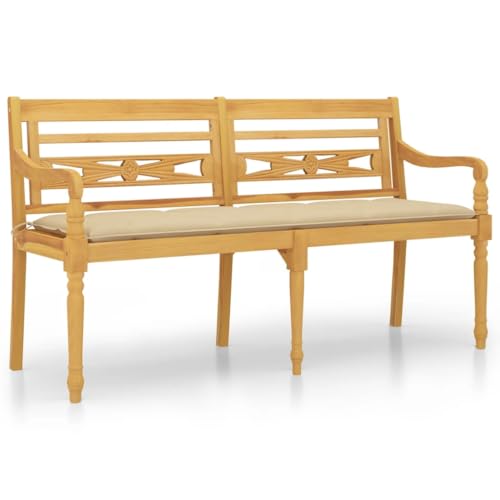 Eleganz Batavia-Bank 150 cm Massivholz Teak mit Beigem Kissen - Langlebiges Gartensitzmöbel aus 100% Polyester Stoff - Perfekt für Garten und Terrasse von Eleganz