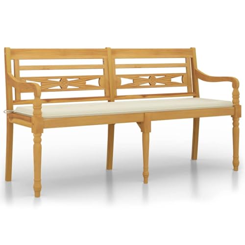 Eleganz Batavia-Bank 150 cm Massivholz Teak mit Creme Kissen - Langlebige Gartensitzbank aus 100% Polyester Stoff - Perfekt für Garten, Terrasse und Balkon von Eleganz