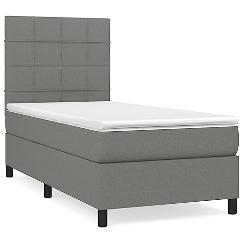 Eleganz Boxspringbett mit Matratze 90x190 cm Dunkelgrau Stoff – Bequemes Bett mit Topper für erholsamen Schlaf, ideal für Schlafzimmer von Eleganz