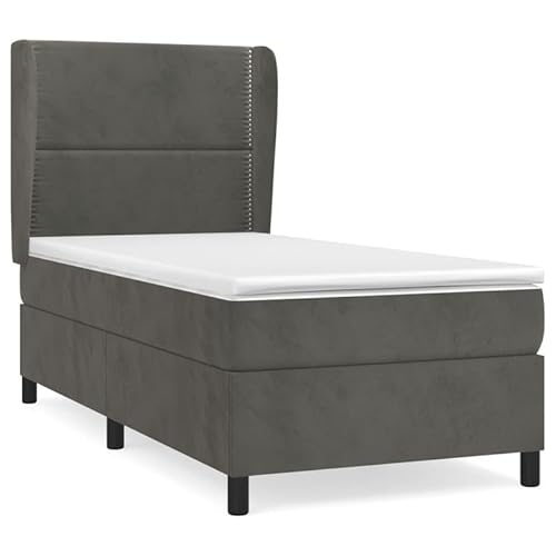 Eleganz Boxspringbett mit Matratze 90x200 cm - Dunkelgraues Samtstoff Boxspringbett für Schlafzimmer, Komfortables Boxspringbett mit Topper für Erholsamen Schlaf von Eleganz