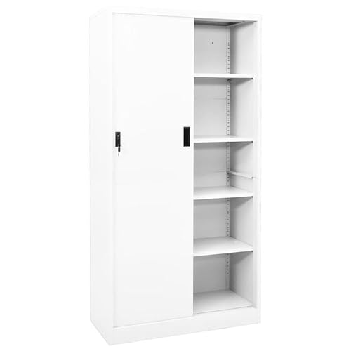 Eleganz Büroschrank mit Schiebetür Weiß 90x40x180 cm | Stahlschrank für Wohnzimmer & Büro | Stabile Aufbewahrung für Akten & Ordner | Modernes Design von Eleganz