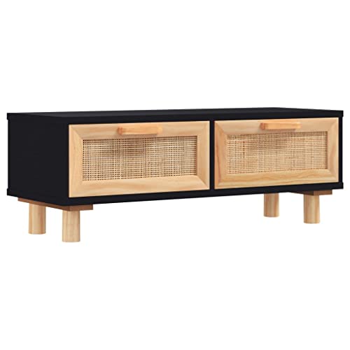 Eleganz Couchtisch Schwarz 80x40x30 cm aus Holzwerkstoff & Massivholz Kiefer mit Natur-Rattan - Moderner Wohnzimmertisch für kleine Räume von Eleganz