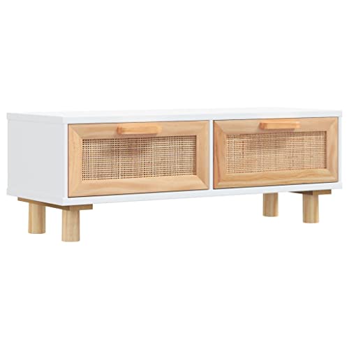 Eleganz Couchtisch Weiß 80x40x30 cm aus Holzwerkstoff & Massivholz Kiefer mit Natur-Rattan - Moderner Wohnzimmertisch für kleine Räume von Eleganz